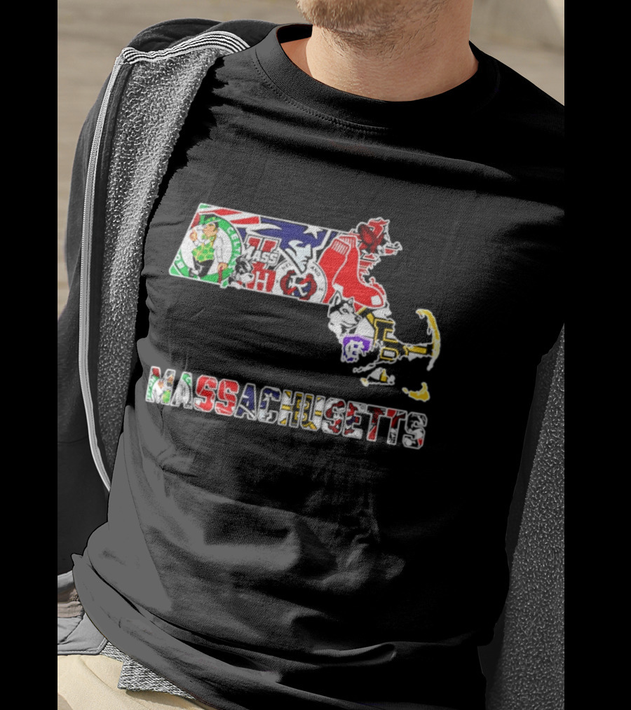 Massachusetts Sports Teams Collage Map Celtics Patriots Red Sox Bruins Revolution T-Shirt