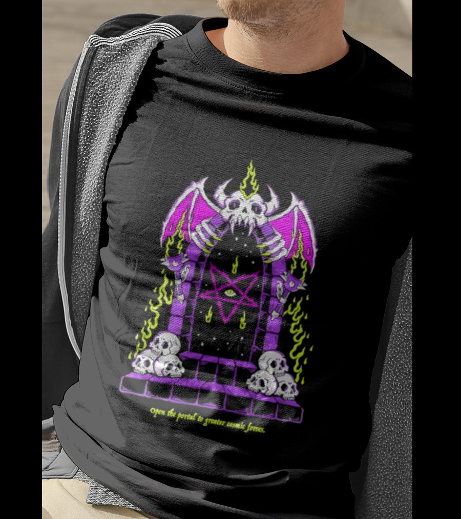 Open The Portal To Greater Cosmic Forces Pentagram Skull With Bat Wings And All Seeing Eye T-Shirt