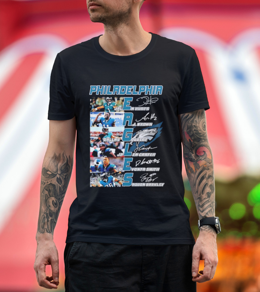 Philadelphia Eagles Jalen Hurts AJ Brown Dallas Goedert Jalen Carter DeVonta Smith Saquon Barkley Signatures Team T-Shirt
