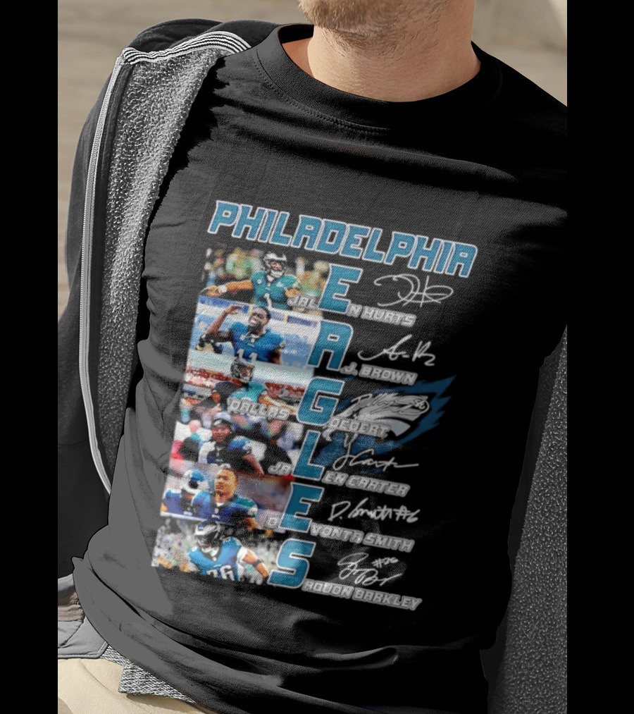 Philadelphia Eagles Jalen Hurts AJ Brown Dallas Goedert Jalen Carter DeVonta Smith Saquon Barkley Signatures Team T-Shirt