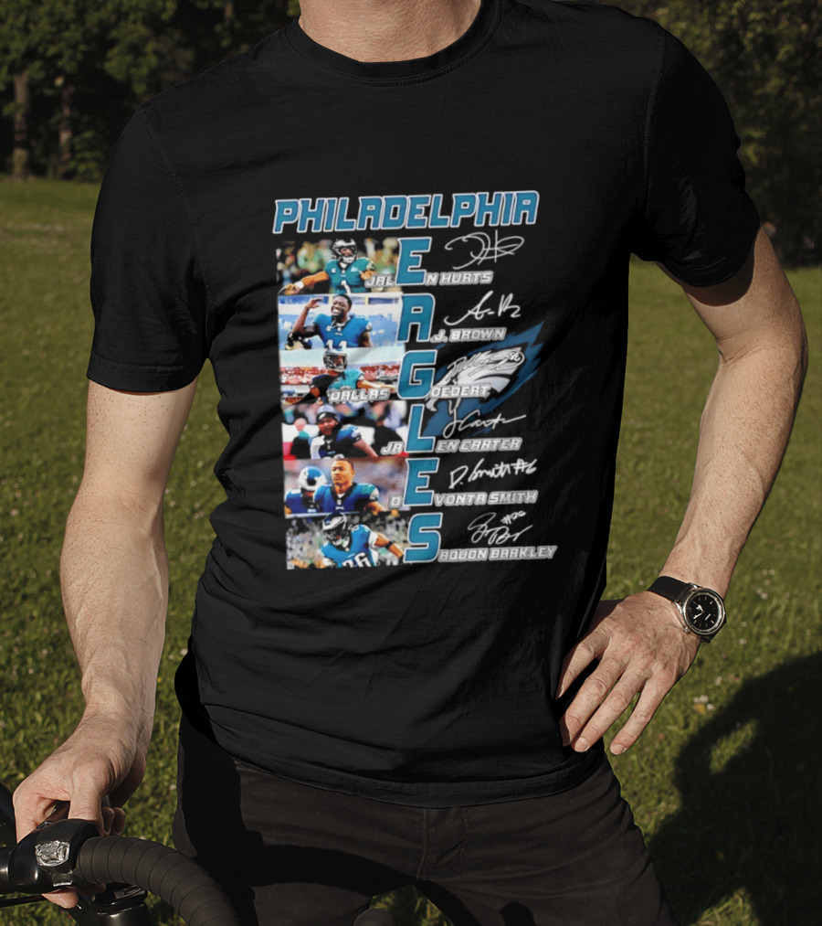 Philadelphia Eagles Jalen Hurts AJ Brown Dallas Goedert Jalen Carter DeVonta Smith Saquon Barkley Signatures Team T-Shirt