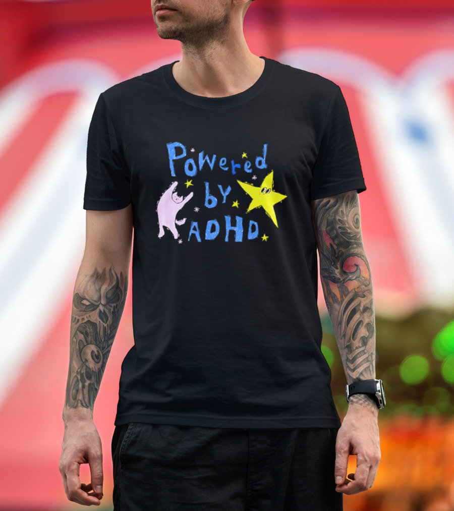 Powered By ADHD Neurodivergent Star And Cat With Yellow Stars T-Shirt