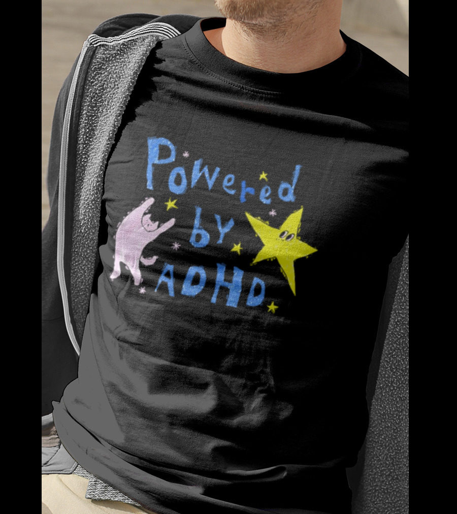 Powered By ADHD Neurodivergent Star And Cat With Yellow Stars T-Shirt