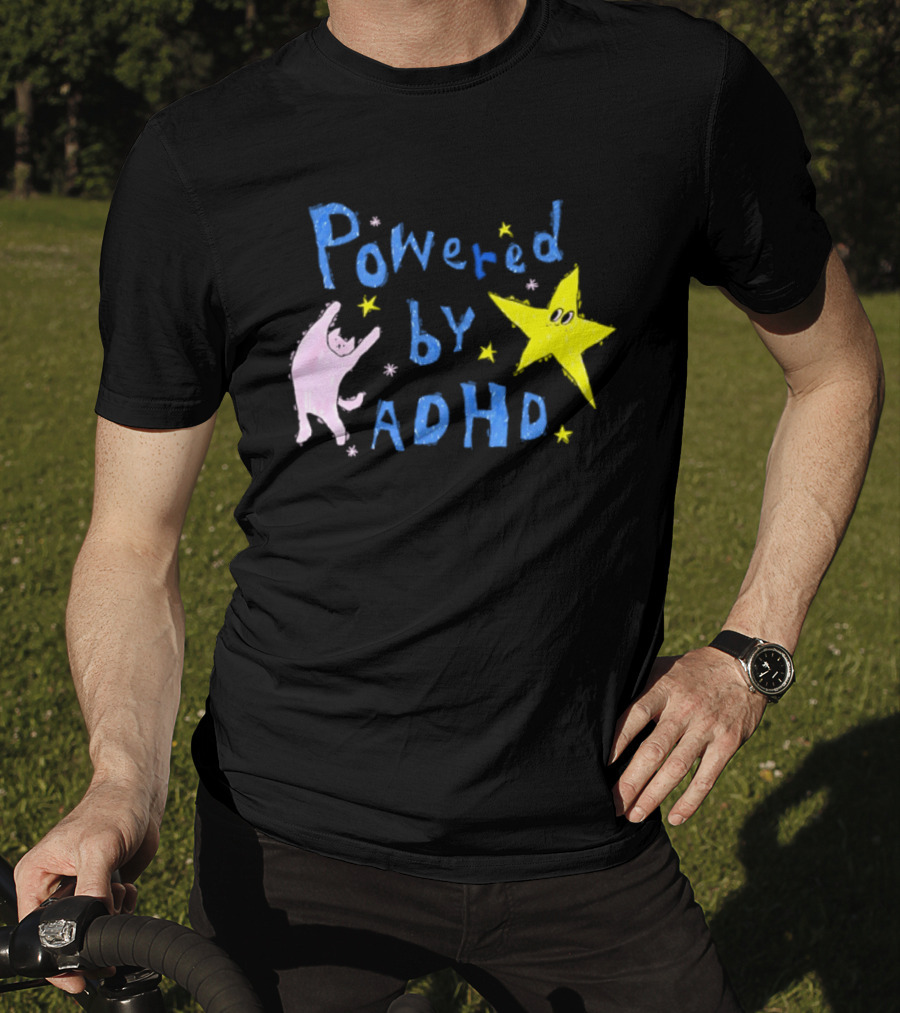 Powered By ADHD Neurodivergent Star And Cat With Yellow Stars T-Shirt