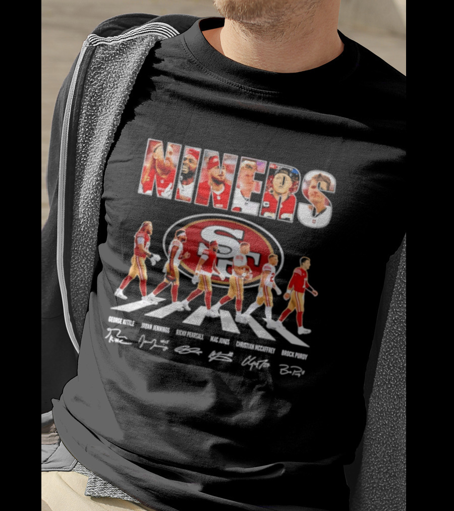 San Francisco 49ers George Kittle Jauan Jennings Ricky Pearsall Mac Jones Christian McCaffrey NINERS Walk NFL Legends Signatures T-Shirt