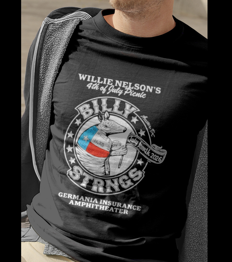 Willie Nelson's 4th Of July Picnic Billy Strings Germania Insurance Amphitheater Texas Flag Guitar T-Shirt
