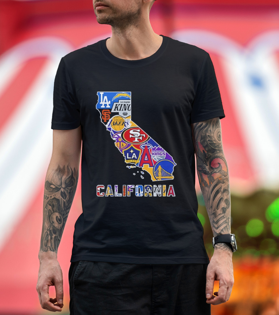 California Map Collage With 49ers Lakers Kings Giants Angels Dodgers Logos 2026 T-Shirt