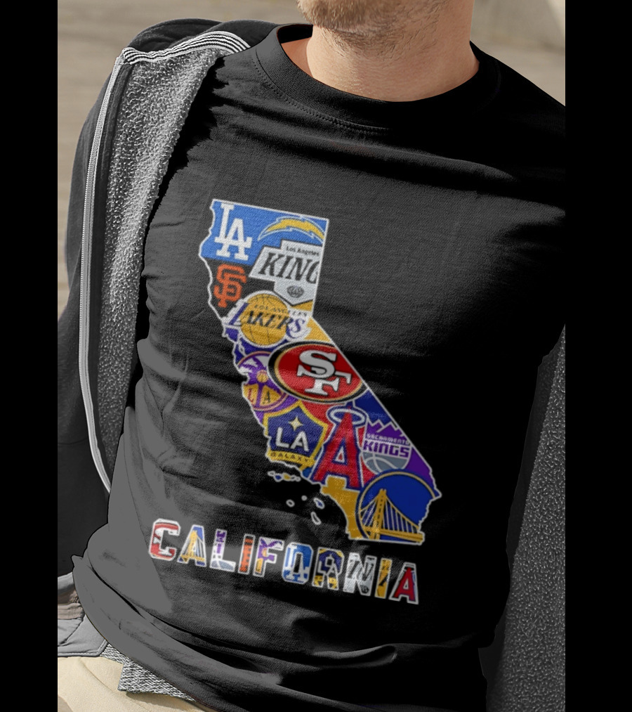 California Map Collage With 49ers Lakers Kings Giants Angels Dodgers Logos 2026 T-Shirt