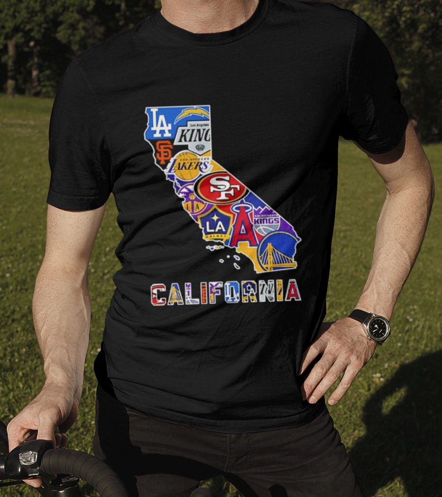California Map Collage With 49ers Lakers Kings Giants Angels Dodgers Logos 2026 T-Shirt