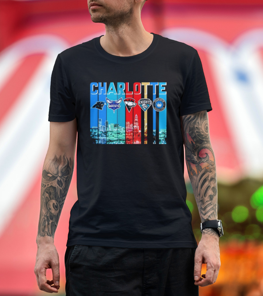 Charlotte Panthers Hornets Knights City Skyline Sports Team Logos T-Shirt