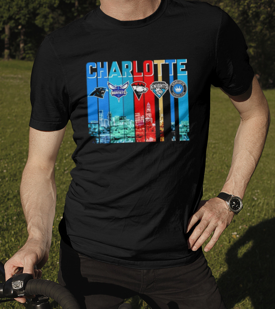 Charlotte Panthers Hornets Knights City Skyline Sports Team Logos T-Shirt