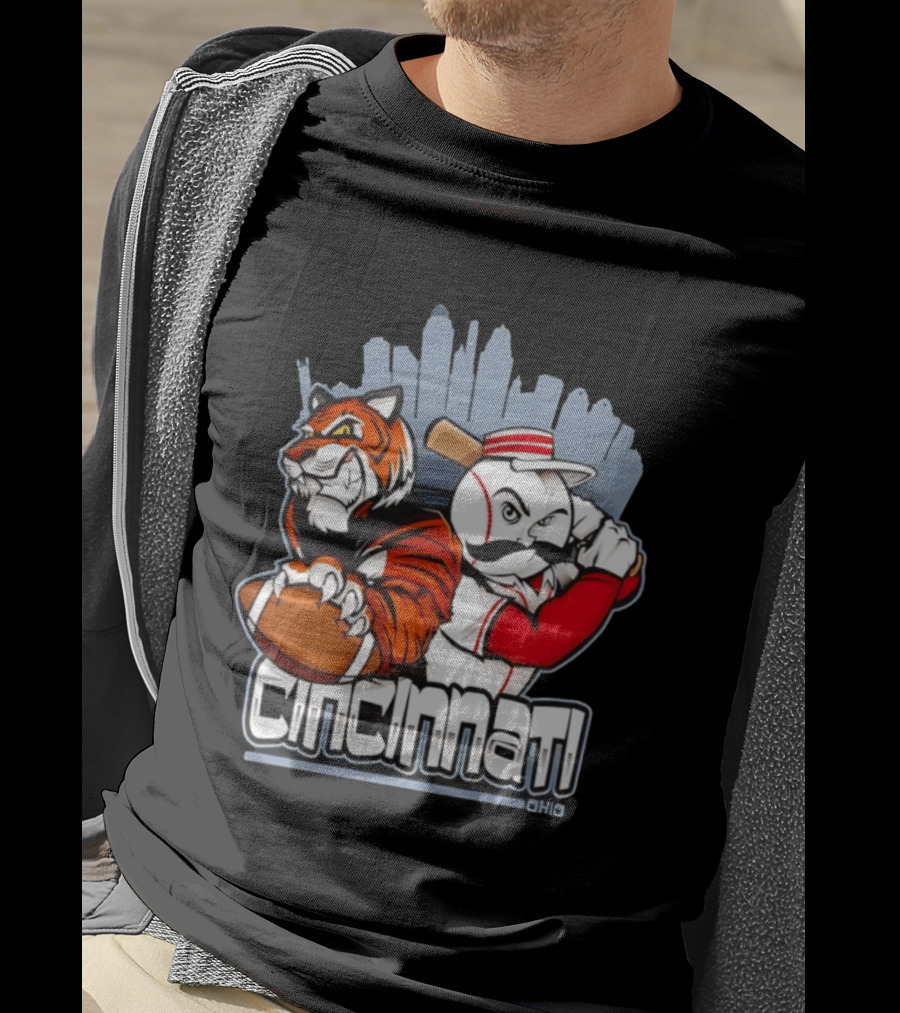 Cincinnati Reds Bengals Skyline Ohio Tiger And Baseball Character 2026 T-Shirt