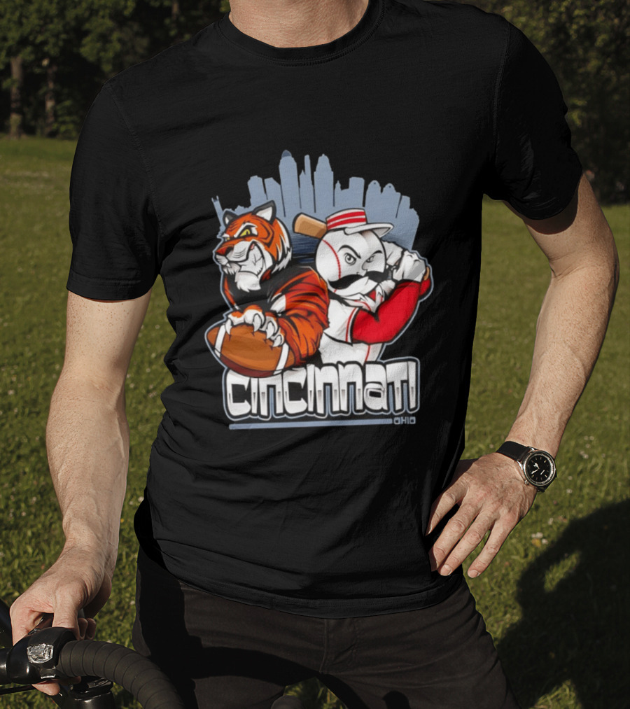 Cincinnati Reds Bengals Skyline Ohio Tiger And Baseball Character 2026 T-Shirt