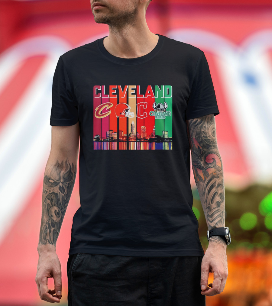 Cleveland Cavaliers Browns Guardians Cleveland State Vikings City Skyline T-Shirt