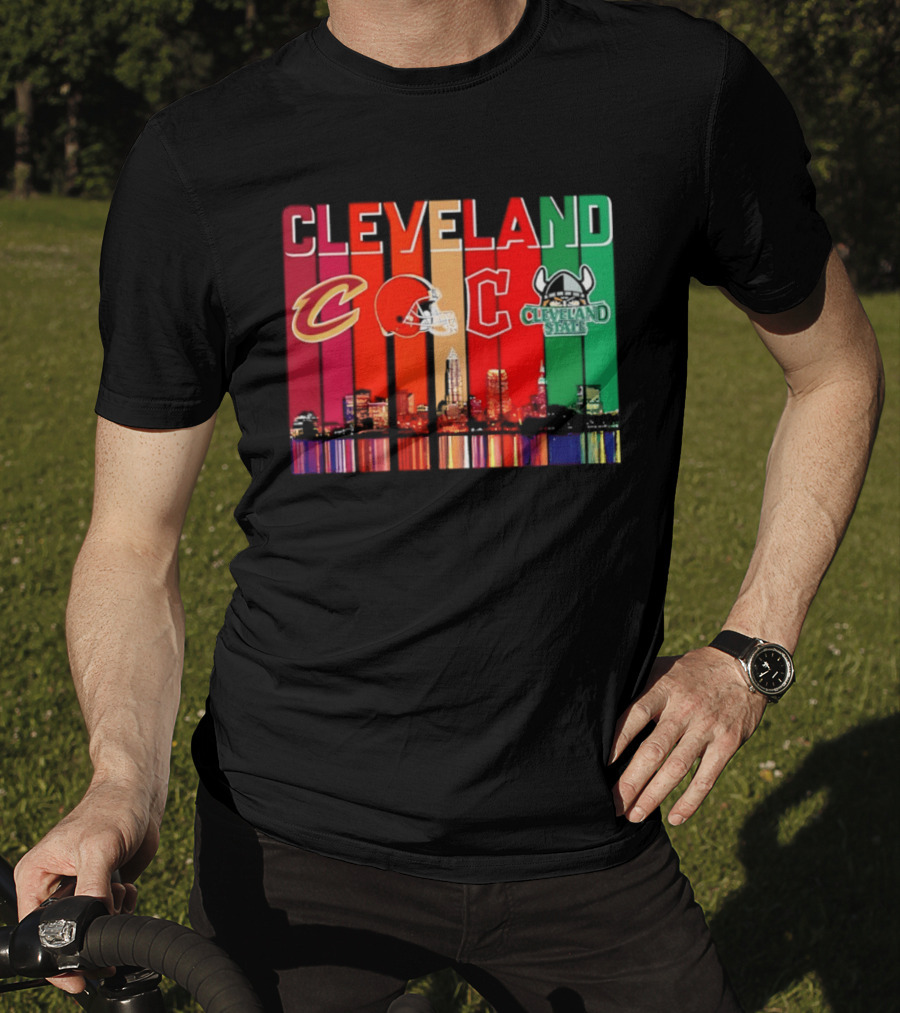 Cleveland Cavaliers Browns Guardians Cleveland State Vikings City Skyline T-Shirt