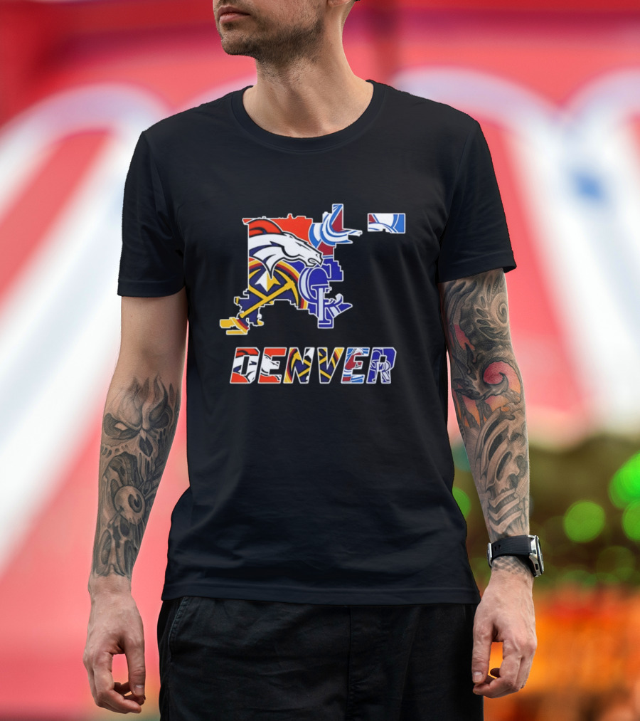 Denver Broncos Nuggets Avalanche Rockies Map Sports Team Logos T-Shirt