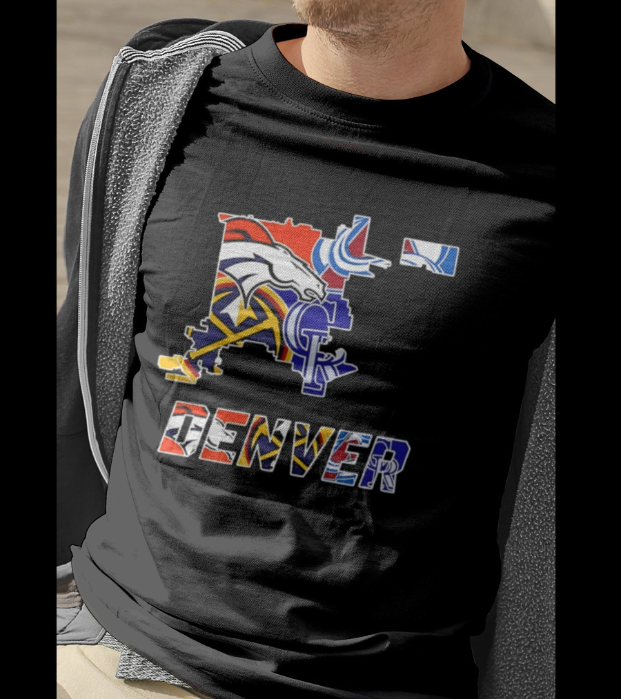 Denver Broncos Nuggets Avalanche Rockies Map Sports Team Logos T-Shirt
