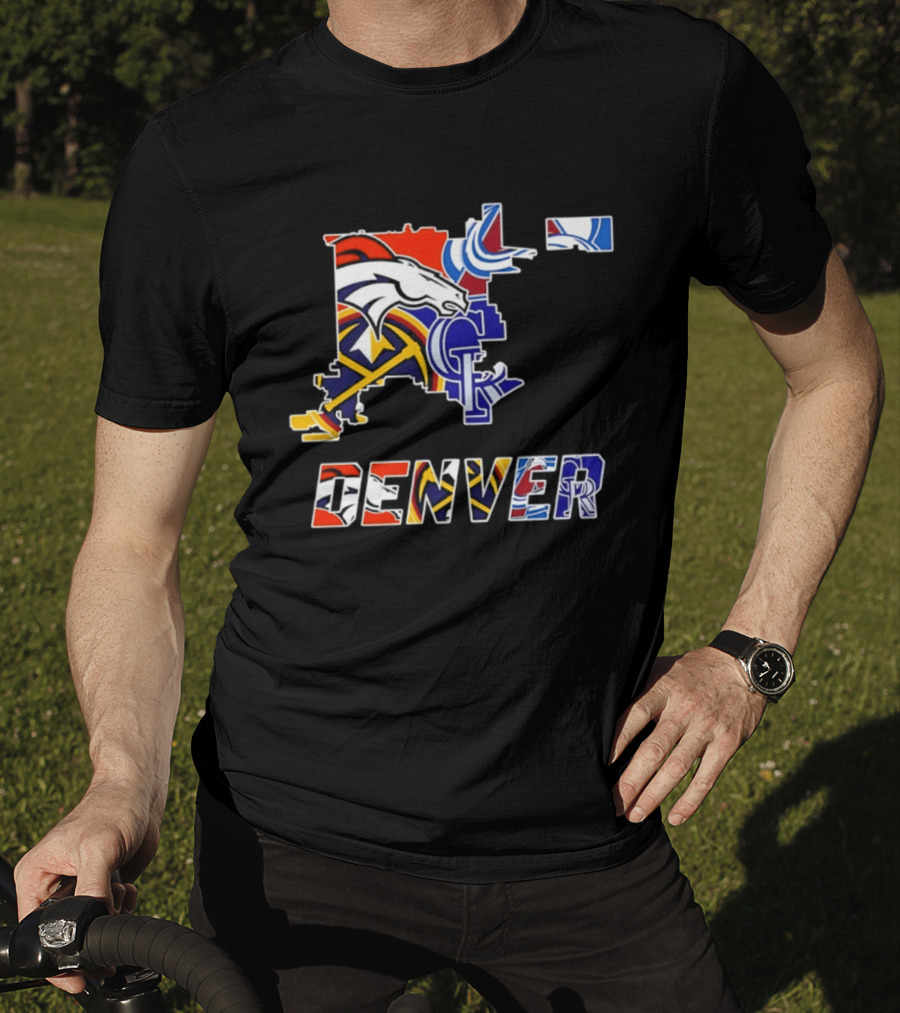 Denver Broncos Nuggets Avalanche Rockies Map Sports Team Logos T-Shirt