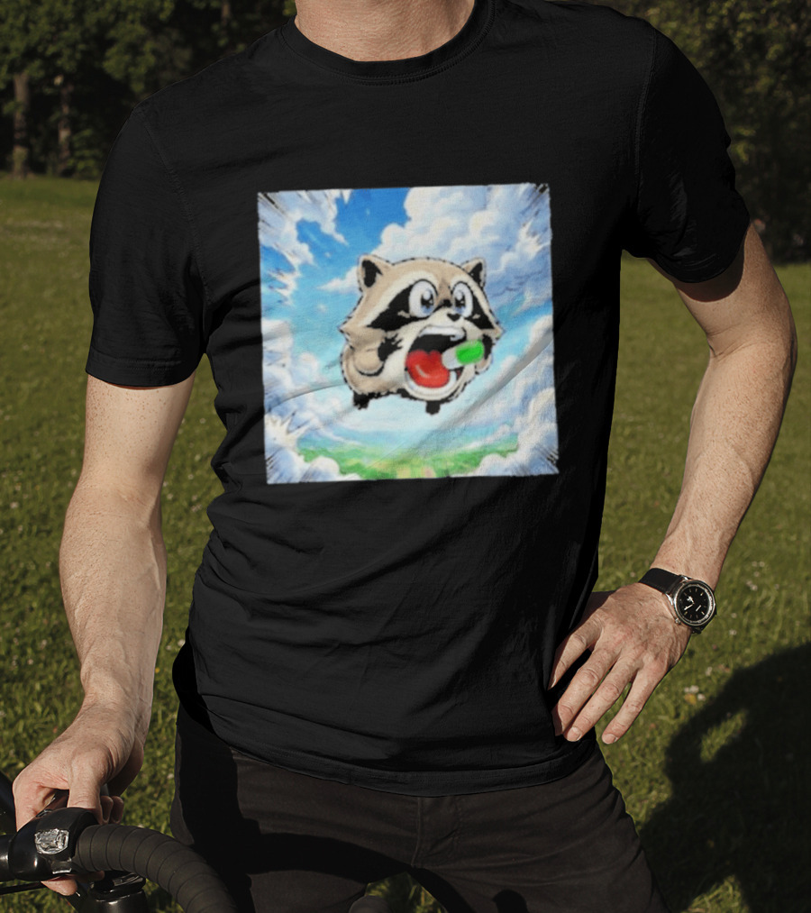 Jimothy Raccoon Cartoon Sky Dive With Colorful Capsule T-Shirt