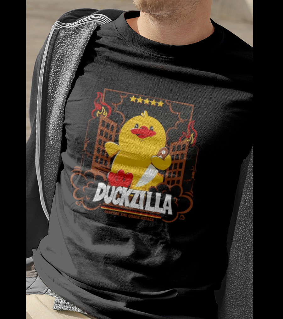 Duckzilla Beware The Quack Attack Knife Wielding Giant Duck With Burning Buildings T-Shirt