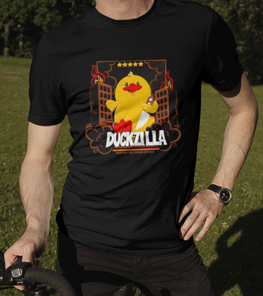 Duckzilla Beware The Quack Attack Knife Wielding Giant Duck With Burning Buildings T-Shirt