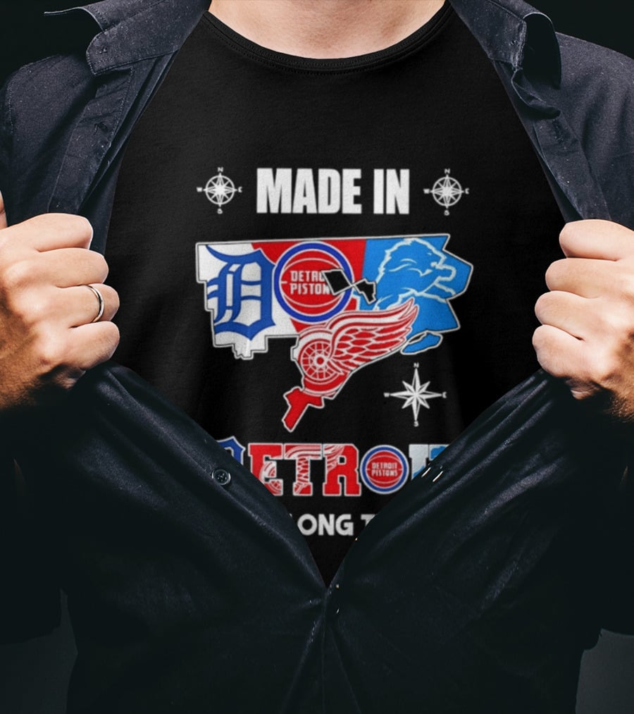 Made In Detroit Lions Pistons Red Wings Map A Long Long Time Ago T-Shirt