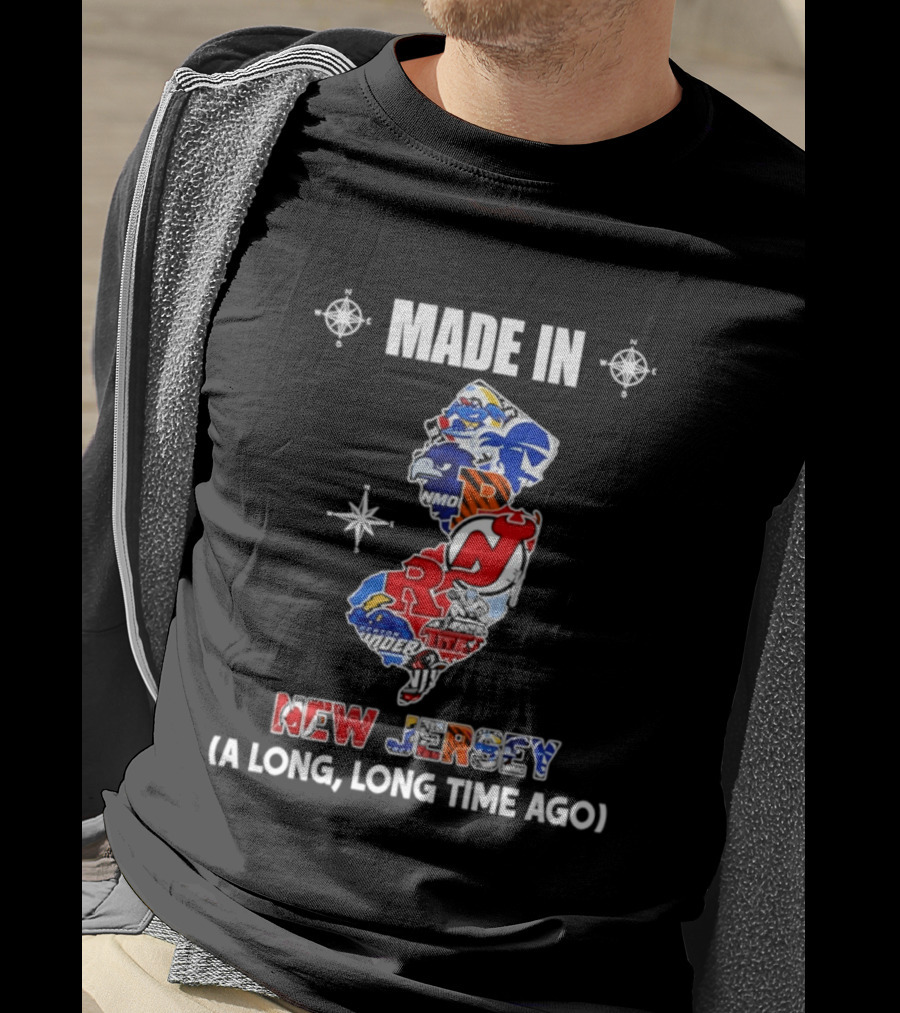 Made In New Jersey State Sports And College Team Logos Map A Long Long Time Ago T-Shirt
