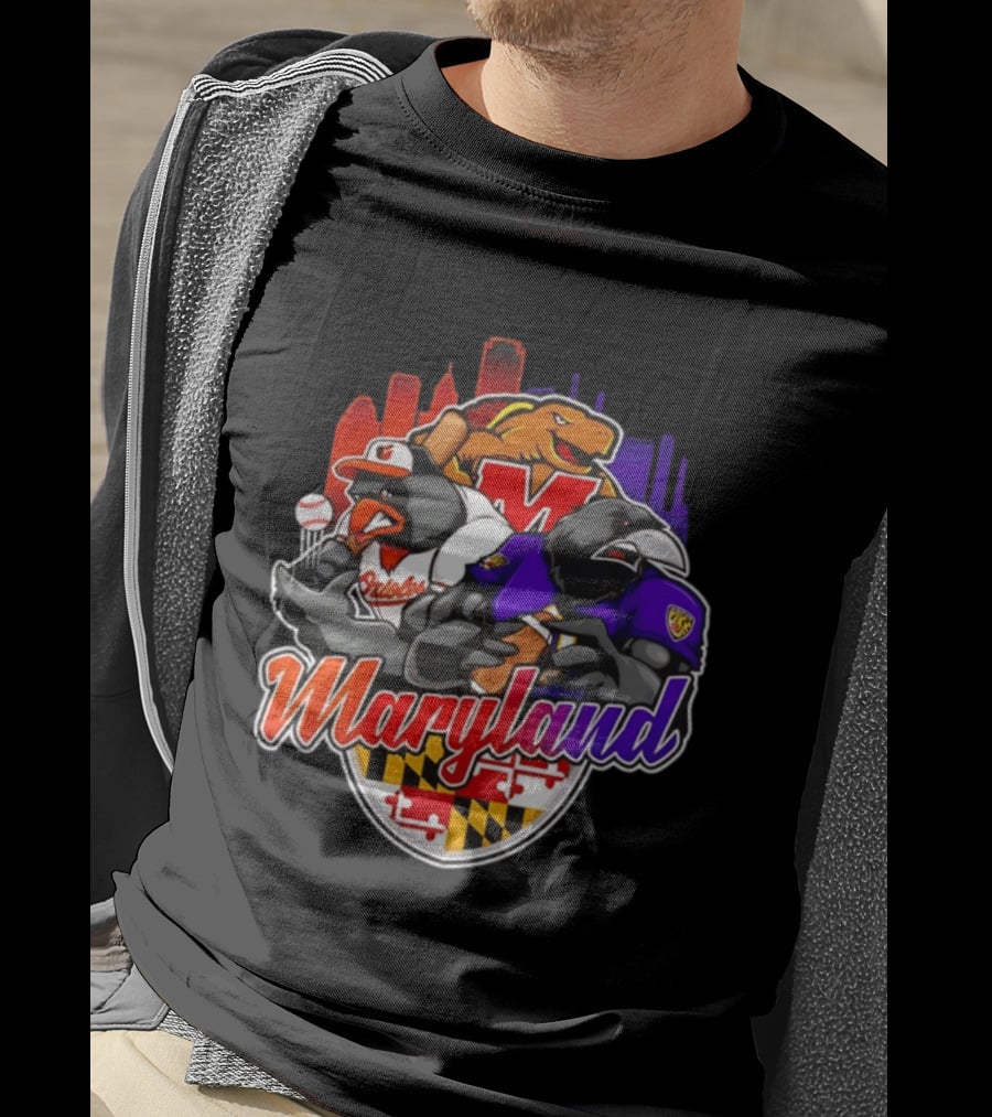 Maryland Orioles Ravens Terrapins Skyline Mashup With Flag T-Shirt