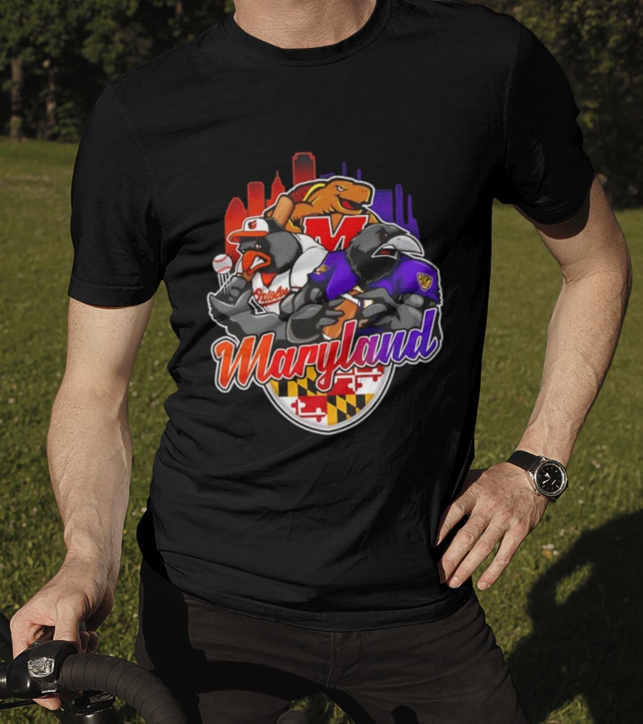 Maryland Orioles Ravens Terrapins Skyline Mashup With Flag T-Shirt