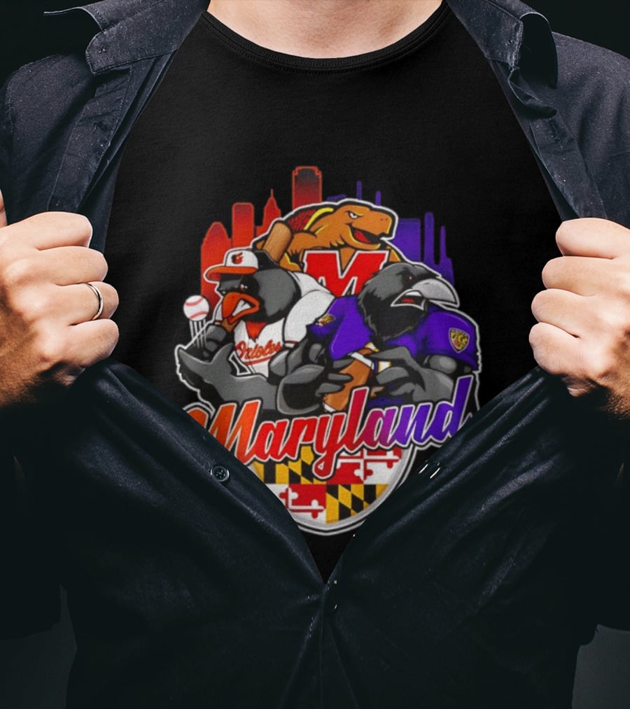 Maryland Orioles Ravens Terrapins Skyline Mashup With Flag T-Shirt