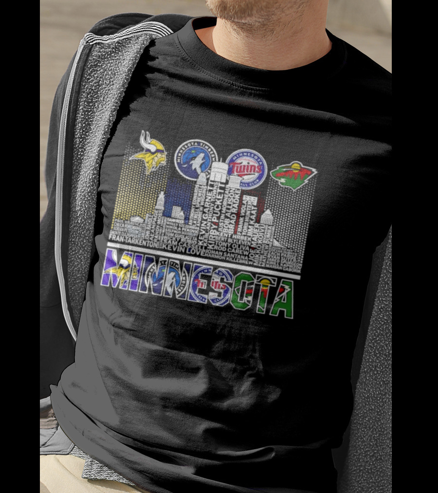 Minnesota Vikings Timberwolves Twins Wild Skyline Roster Names T-Shirt