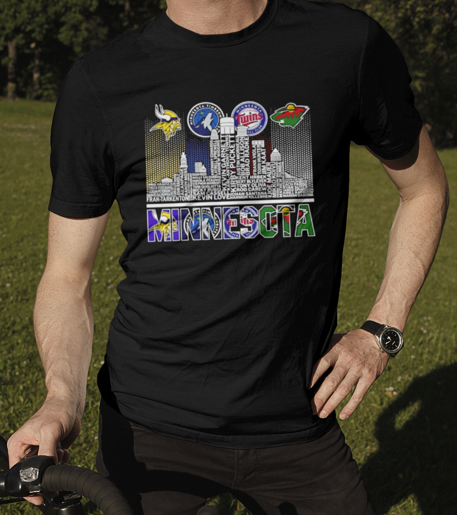 Minnesota Vikings Timberwolves Twins Wild Skyline Roster Names T-Shirt