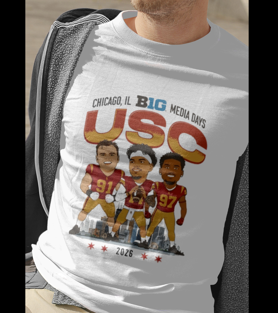 USC Trojans Big Ten Media Days 2026 Chicago Skyline Caricature Jayden Maiava Alex VanSumeren Jide Abasiri T-Shirt