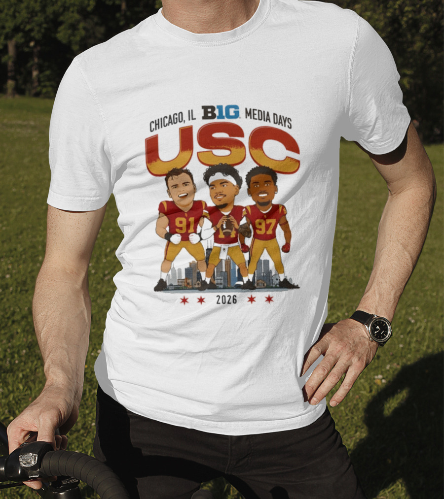 USC Trojans Big Ten Media Days 2026 Chicago Skyline Caricature Jayden Maiava Alex VanSumeren Jide Abasiri T-Shirt