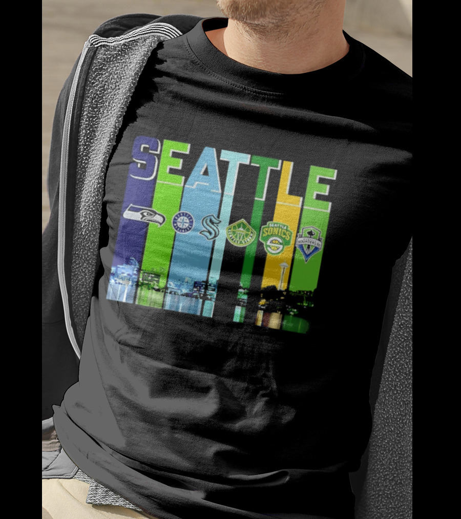 Seattle Seahawks Mariners Kraken Sonics Storm Sounders City Skyline T-Shirt