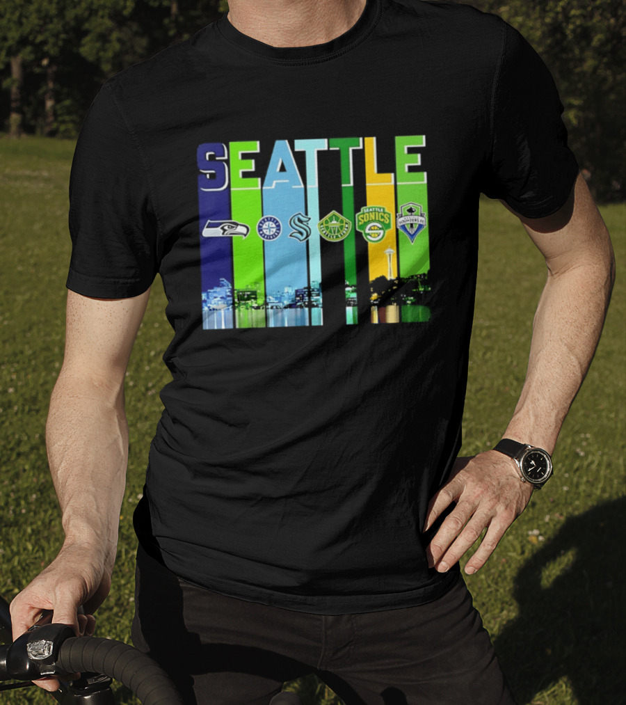 Seattle Seahawks Mariners Kraken Sonics Storm Sounders City Skyline T-Shirt