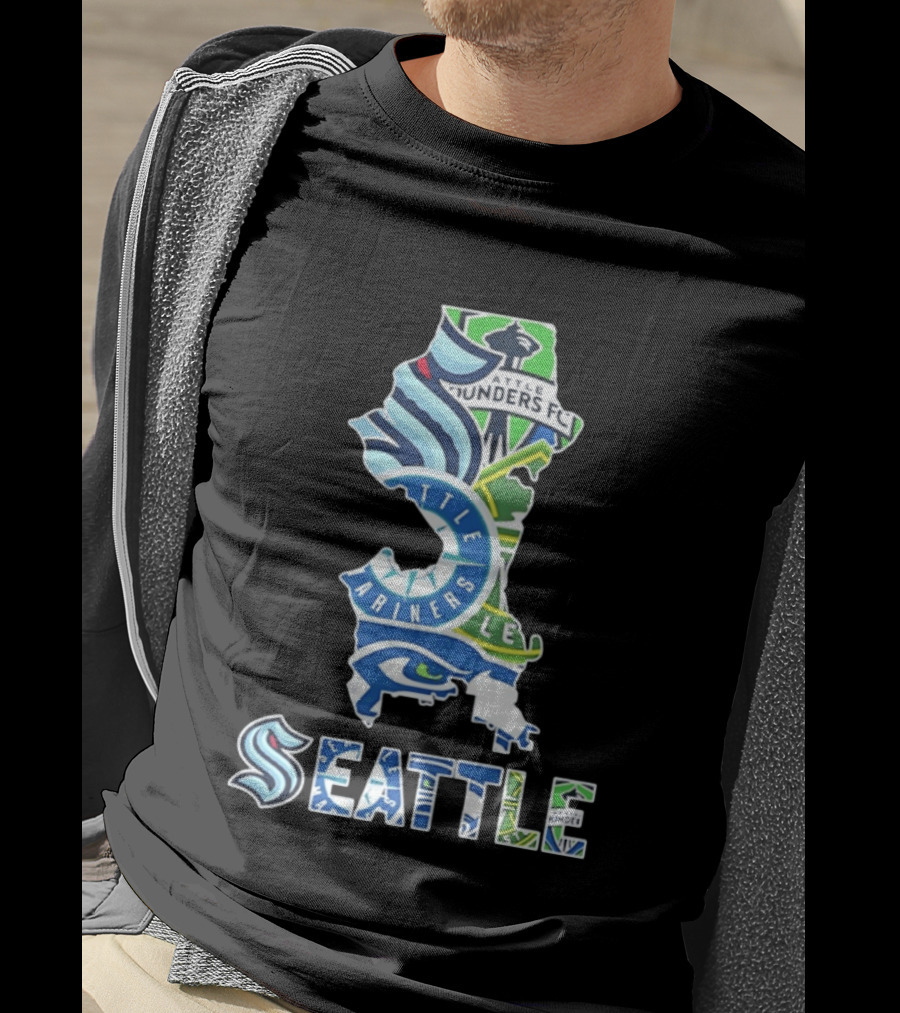 Seattle Kraken Mariners Seahawks Sounders FC Map Collage 2026 T-Shirt