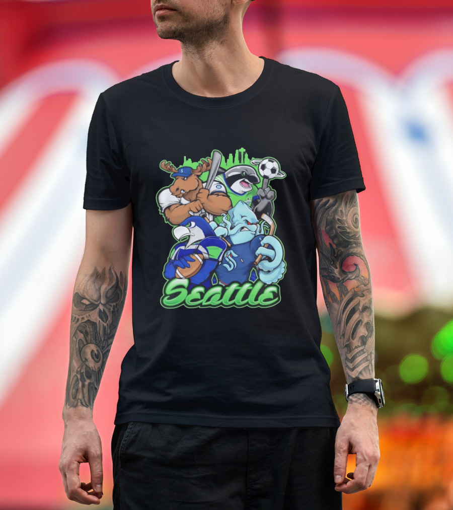 Seattle Sports Team Mascot Mashup With Moose Orca Octopus Bird Skyline T-Shirt