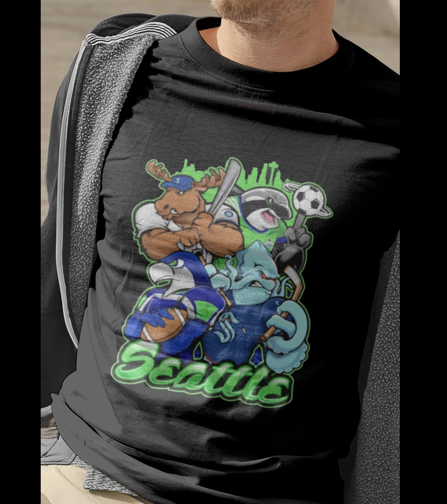 Seattle Sports Team Mascot Mashup With Moose Orca Octopus Bird Skyline T-Shirt