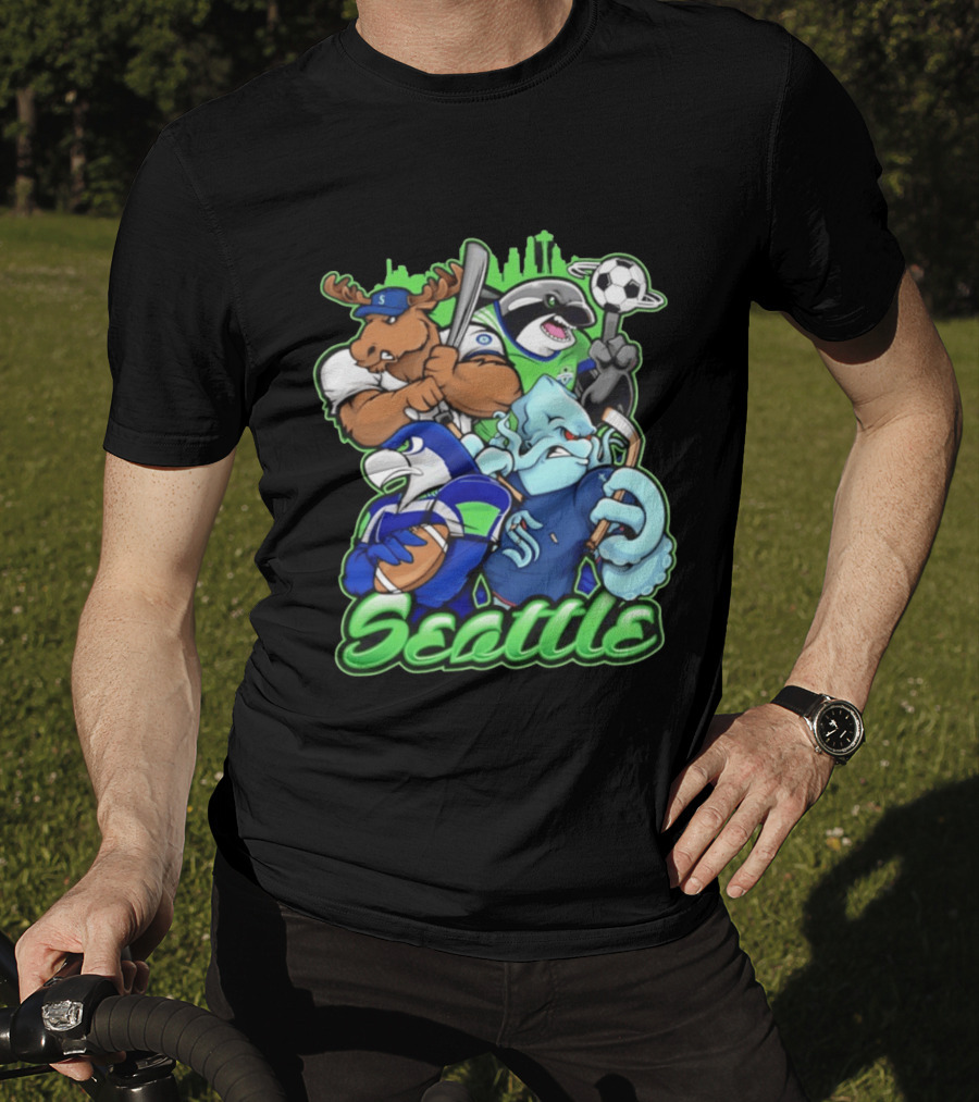 Seattle Sports Team Mascot Mashup With Moose Orca Octopus Bird Skyline T-Shirt