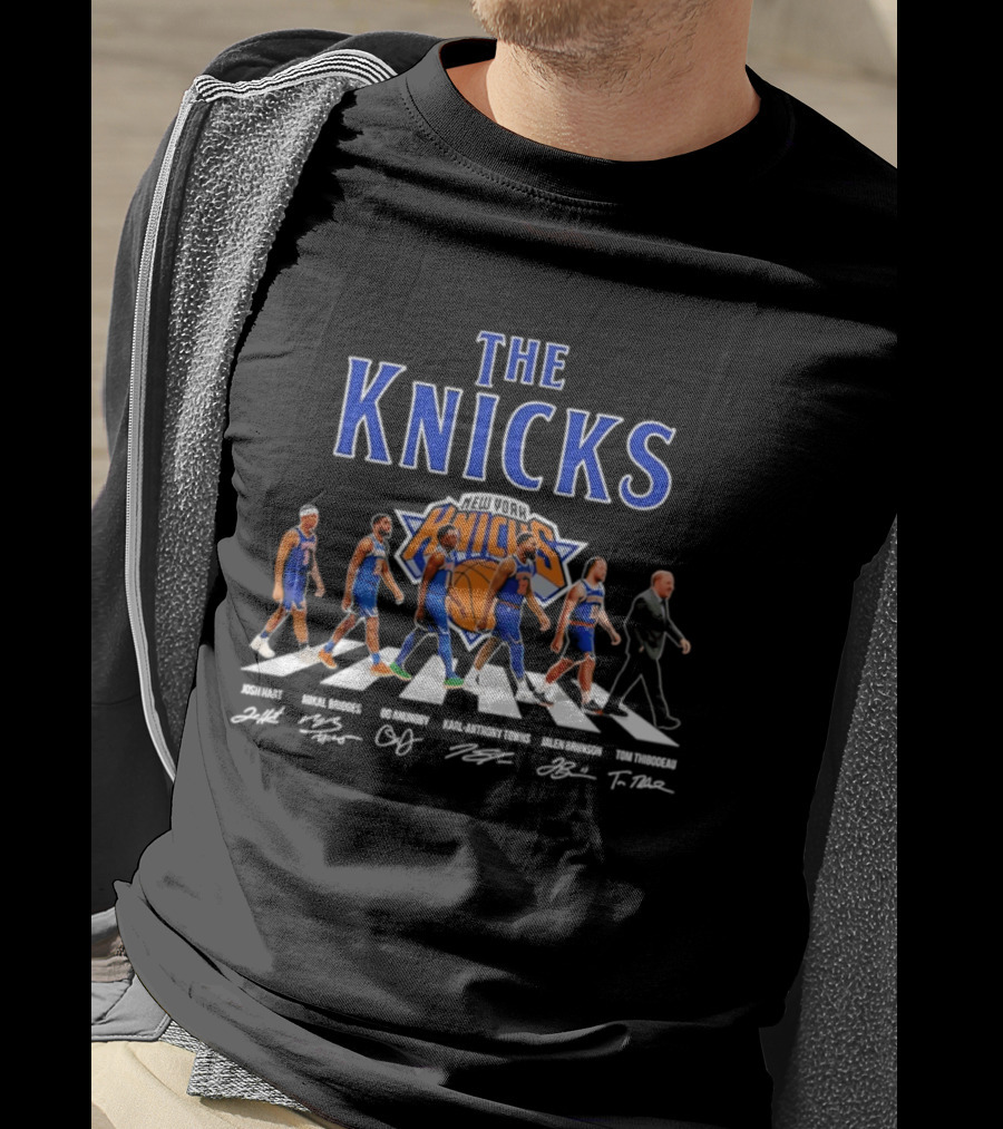 The Knicks Josh Hart Mikal Bridges OG Anunoby Karl Anthony Towns Jalen Brunson Tom Thibodeau Signatures Walking Knickerbockers T-Shirt