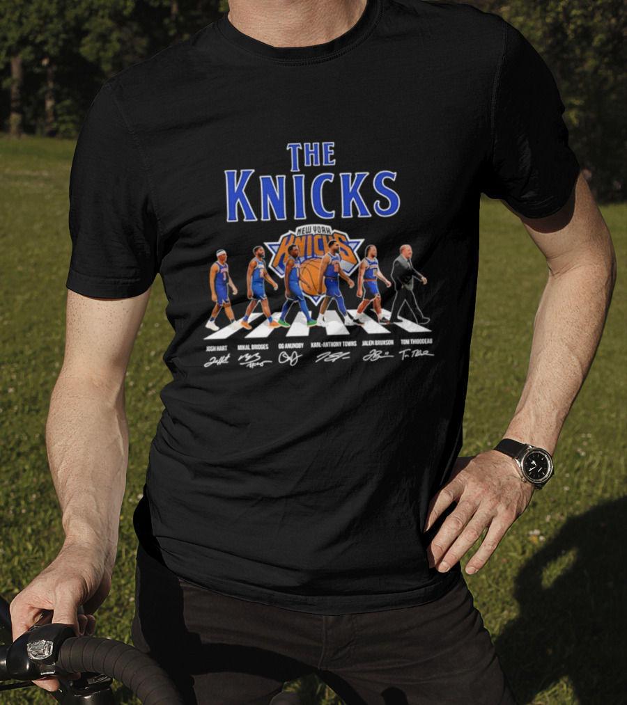 The Knicks Josh Hart Mikal Bridges OG Anunoby Karl Anthony Towns Jalen Brunson Tom Thibodeau Signatures Walking Knickerbockers T-Shirt