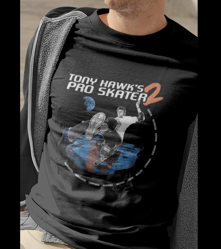Tony Hawk's Pro Skater 2 Hawk's Back With New Technology New Pros And New Tracks 2 Sided Flip McTwist Skateboarding Legends T-Shirt