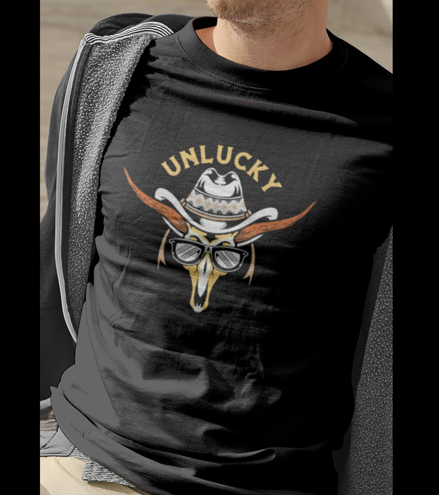 Unlucky Cowboy Skull Sunglasses Western Horns Hat T-Shirt