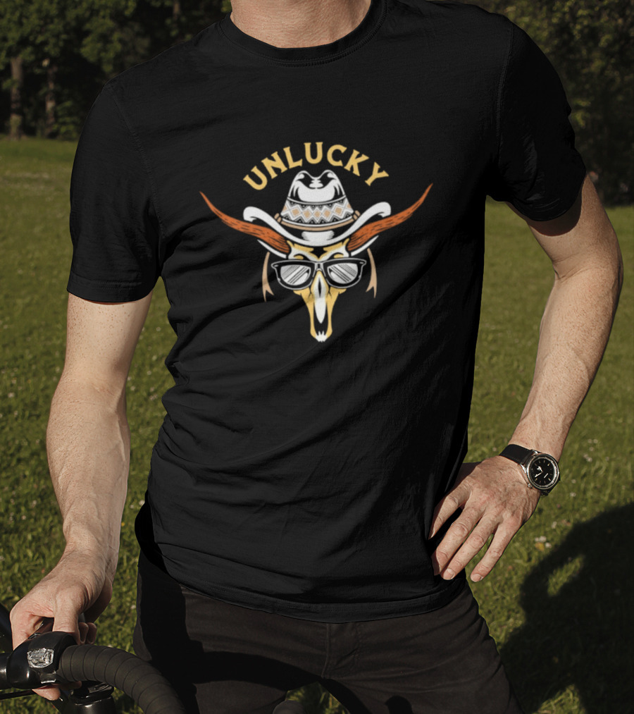 Unlucky Cowboy Skull Sunglasses Western Horns Hat T-Shirt