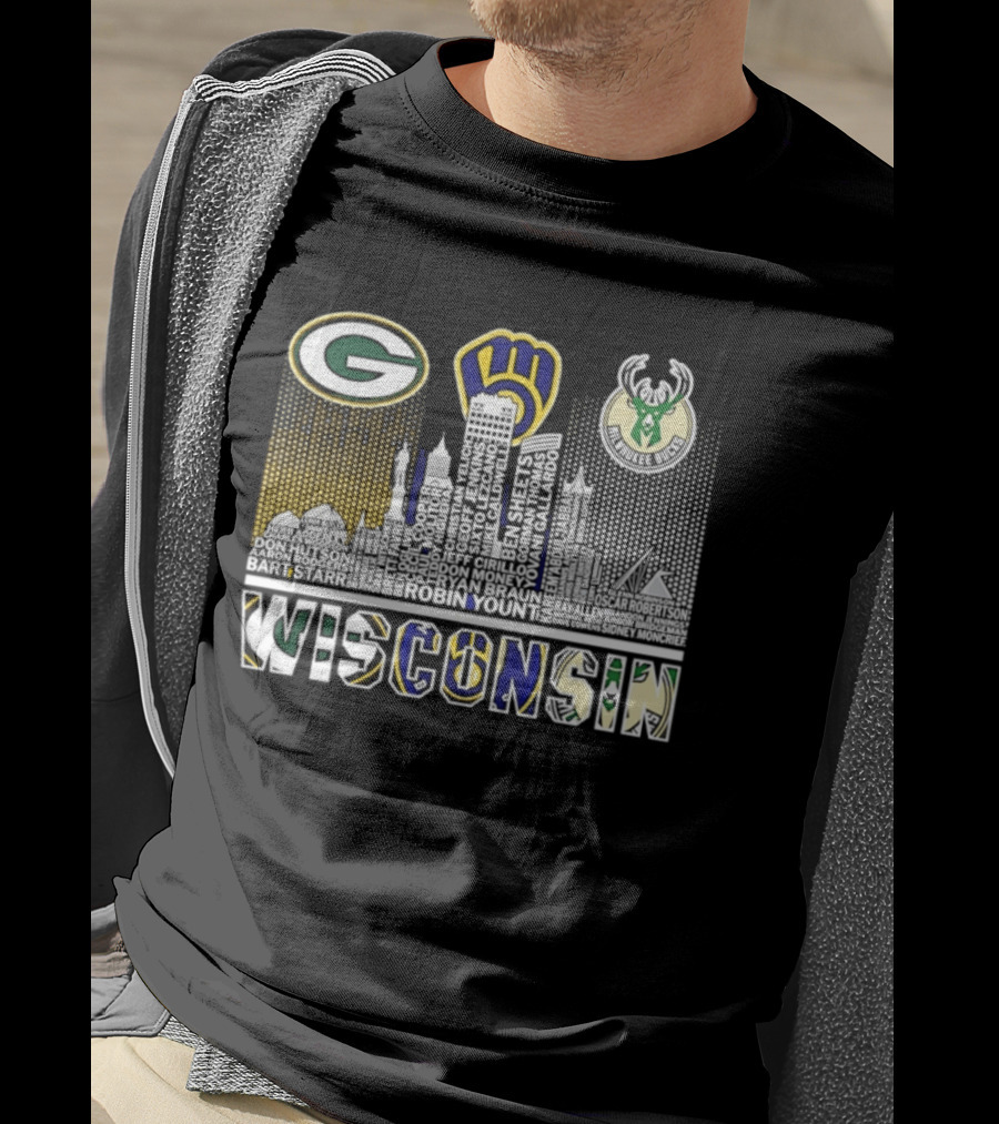 Wisconsin Green Bay Packers Milwaukee Brewers Bucks City Skyline Logos T-Shirt