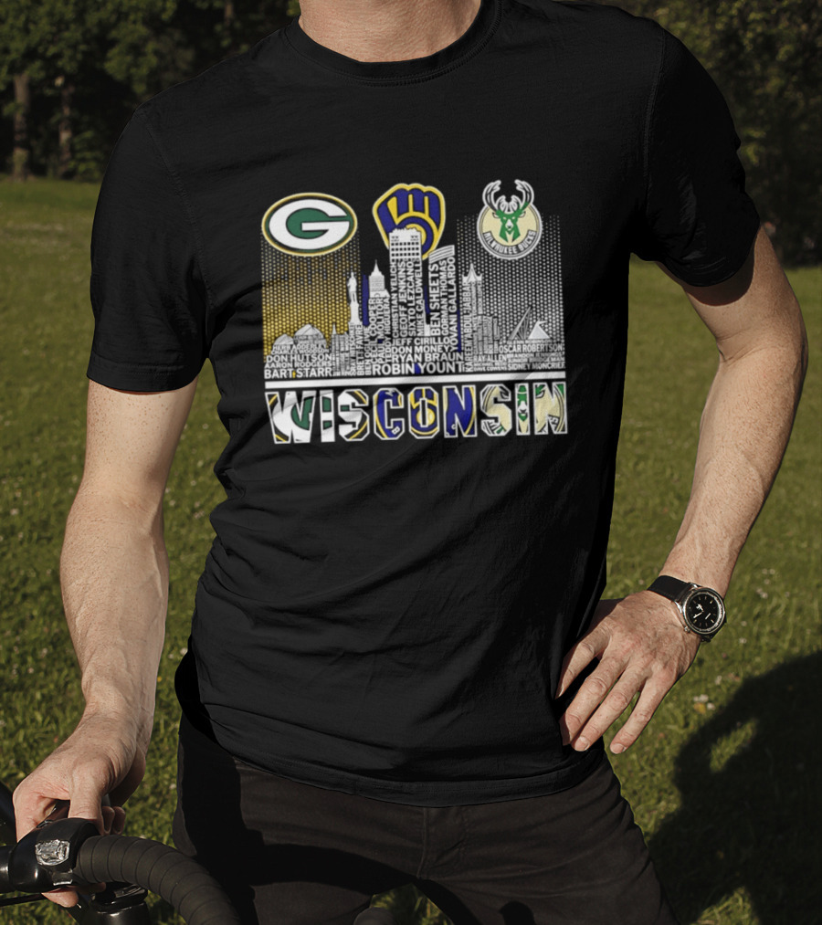 Wisconsin Green Bay Packers Milwaukee Brewers Bucks City Skyline Logos T-Shirt