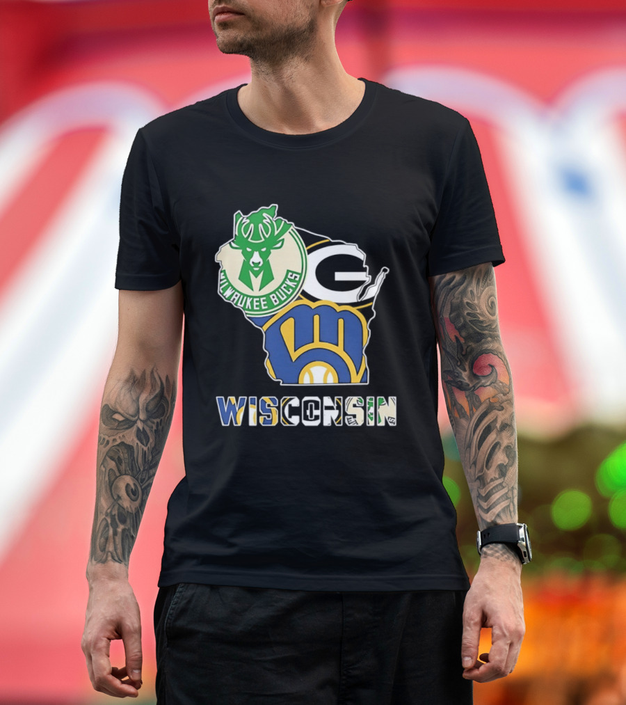 Milwaukee Bucks Green Bay Packers Milwaukee Brewers Wisconsin Map T-Shirt