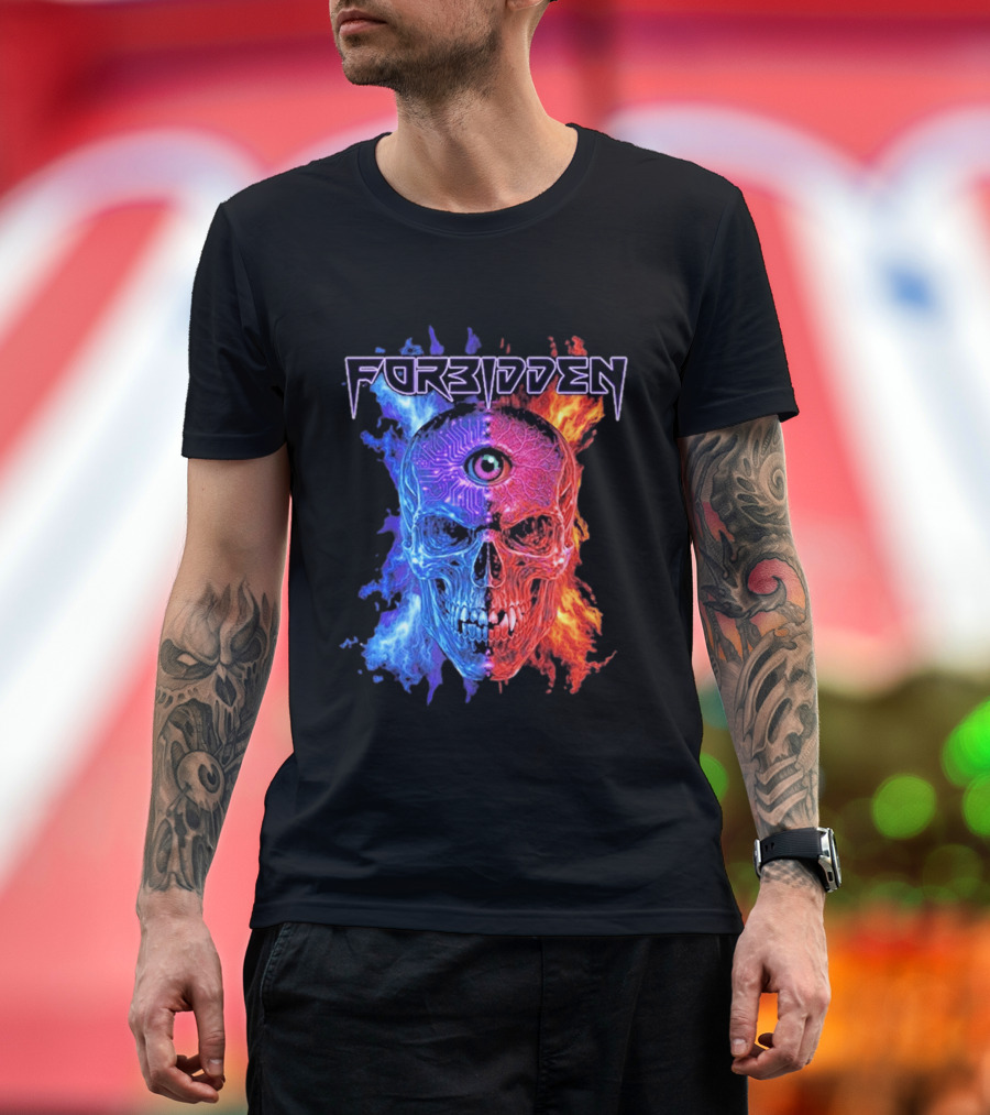 FORBIDDEN Skull Eye Flames Blue Red Fusion T-Shirt
