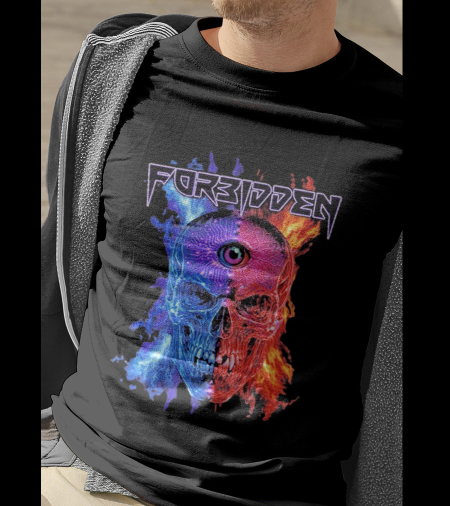 FORBIDDEN Skull Eye Flames Blue Red Fusion T-Shirt